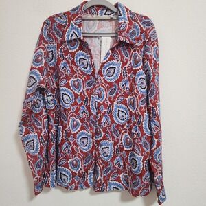 Soft Surroundings Red Floral Paisley Button Down Shirt Top Sz‎ L